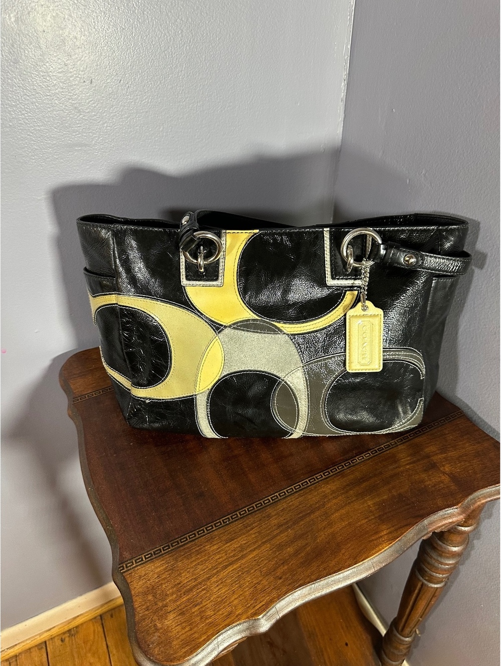 Vintage Y2K Coach Inlaid C Patchwork Tote Bag Black Patent Grey Yellow 17127